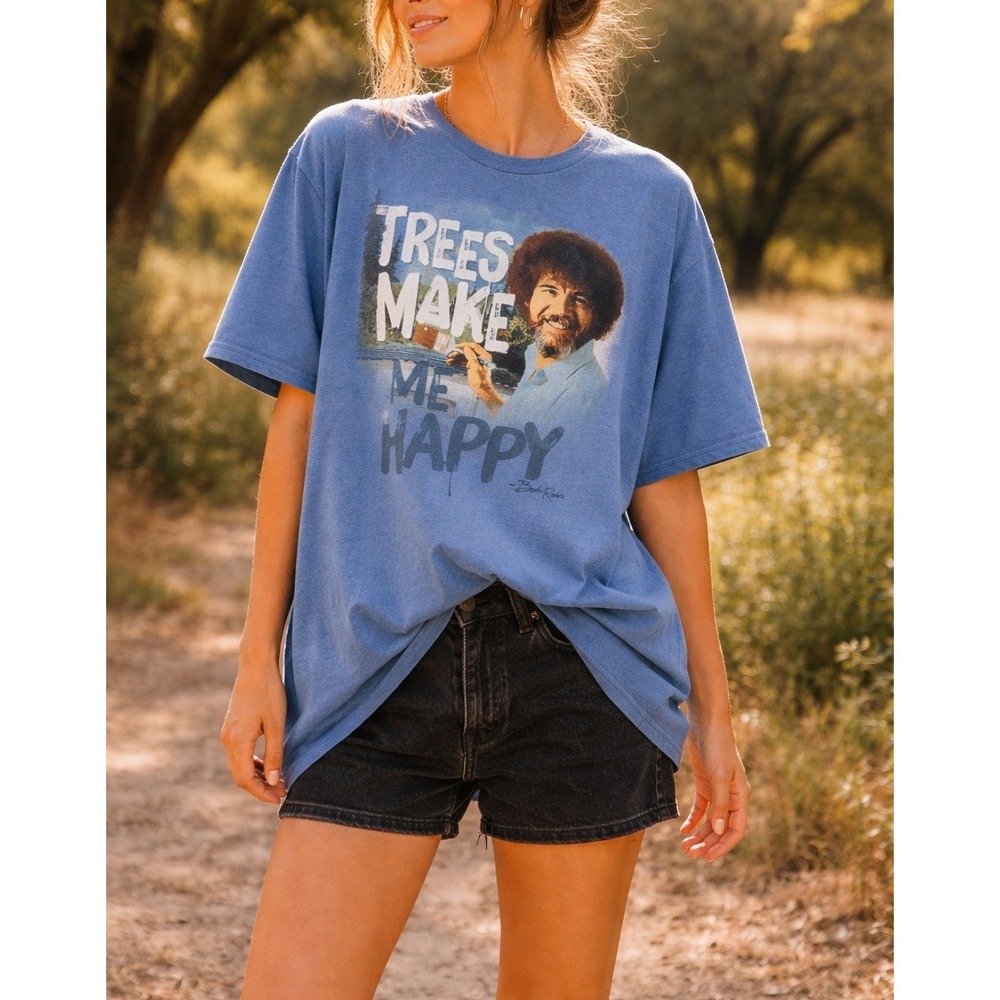 Bob Ross Trees Make Me Happy Graphic Tee XL Blue Artist Nature Shirt Vintage